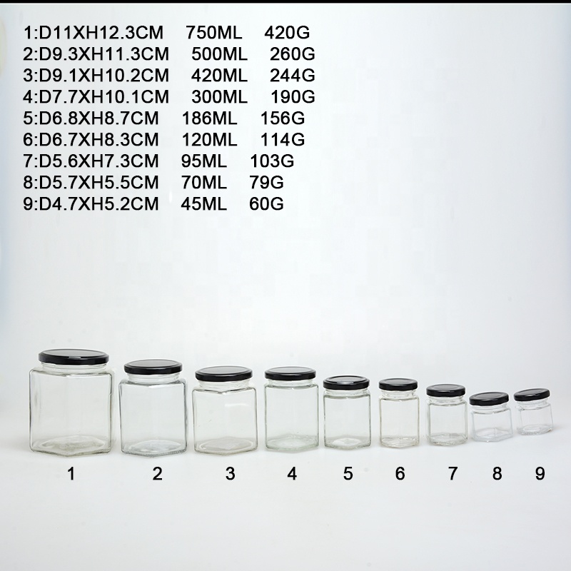 50ml 100ml 150ml 300ml 500ml 750ml hexagonal honey jar glass with tin lid