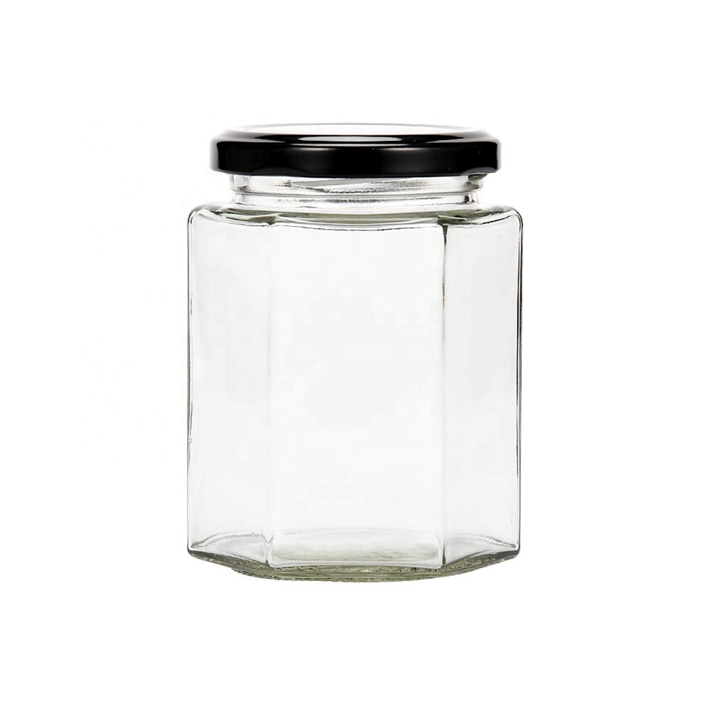 50ml 100ml 150ml 300ml 500ml 750ml mini glass honey jar hexagonal with black lid