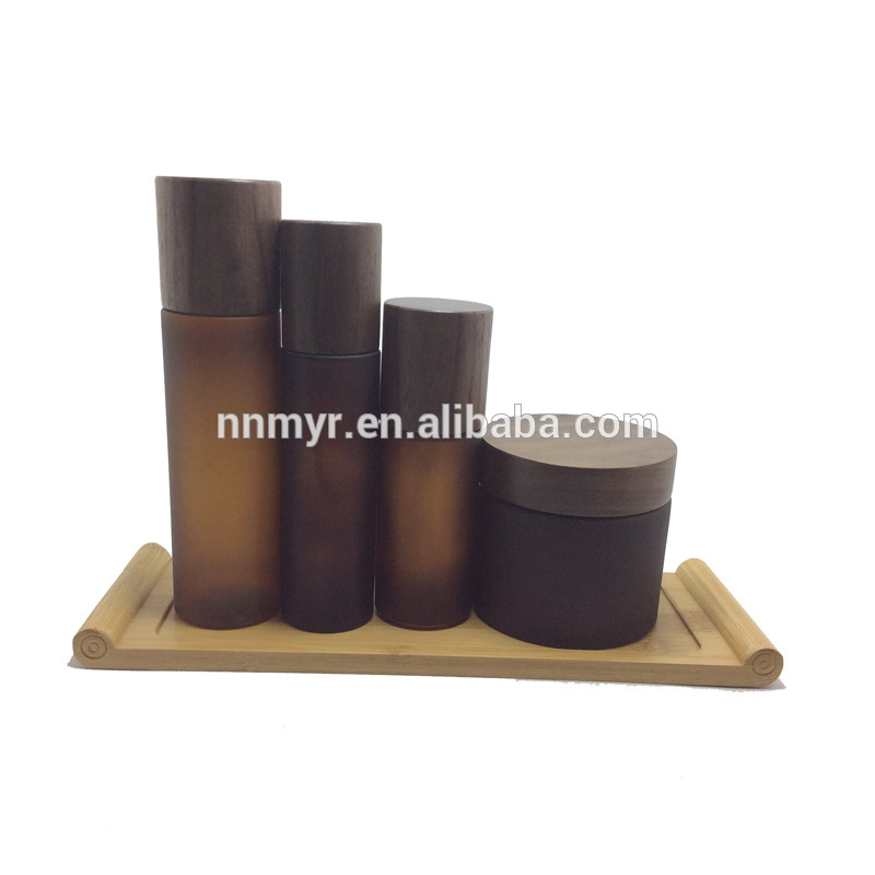 50ml 100ml 150ml Luxury unique shape clear cosmetic airless cosmetic bottle with serum pump Black wood cover