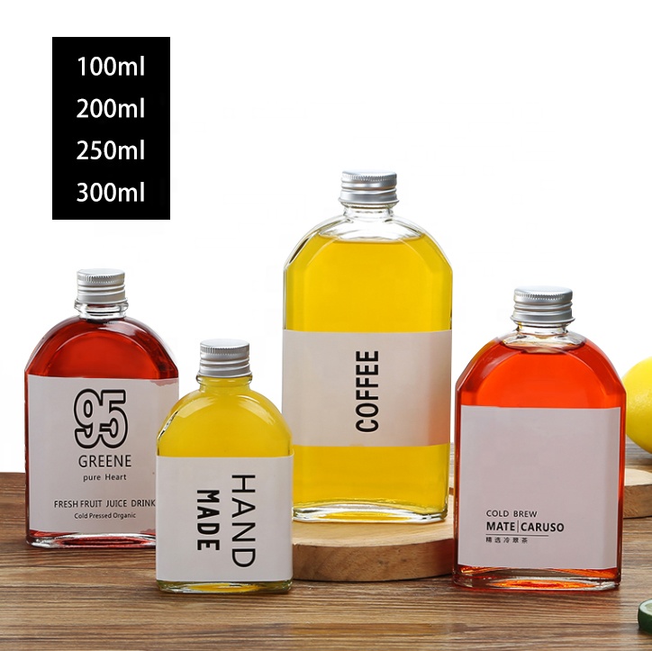 50ml 100ml 200ml 250ml 350ml 500ml Flat Flask Beverage Liquor Juice Cold Brew Coffee Glass Bottle for Wine Tea Milk with Cap