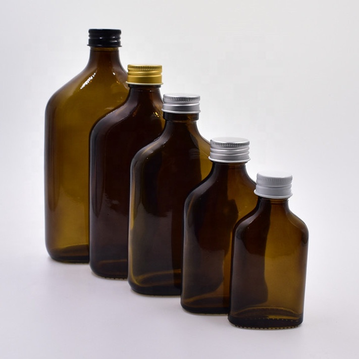50ml 100ml 200ml 350ml 500ml small flat oblate amber glass wine bottle for liquor vodka alcohol whiskey with screw aluminum cap