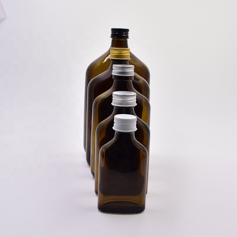 50ml 100ml 200ml 350ml 500ml small flat oblate amber glass wine bottle for liquor vodka alcohol whiskey with screw aluminum cap