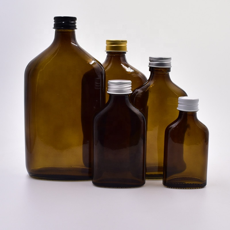 50ml 100ml 200ml 350ml 500ml small flat oblate amber glass wine bottle for liquor vodka alcohol whiskey with screw aluminum cap
