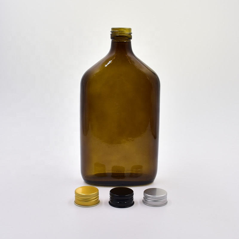 50ml 100ml 200ml 350ml 500ml small flat oblate amber glass wine bottle for liquor vodka alcohol whiskey with screw aluminum cap