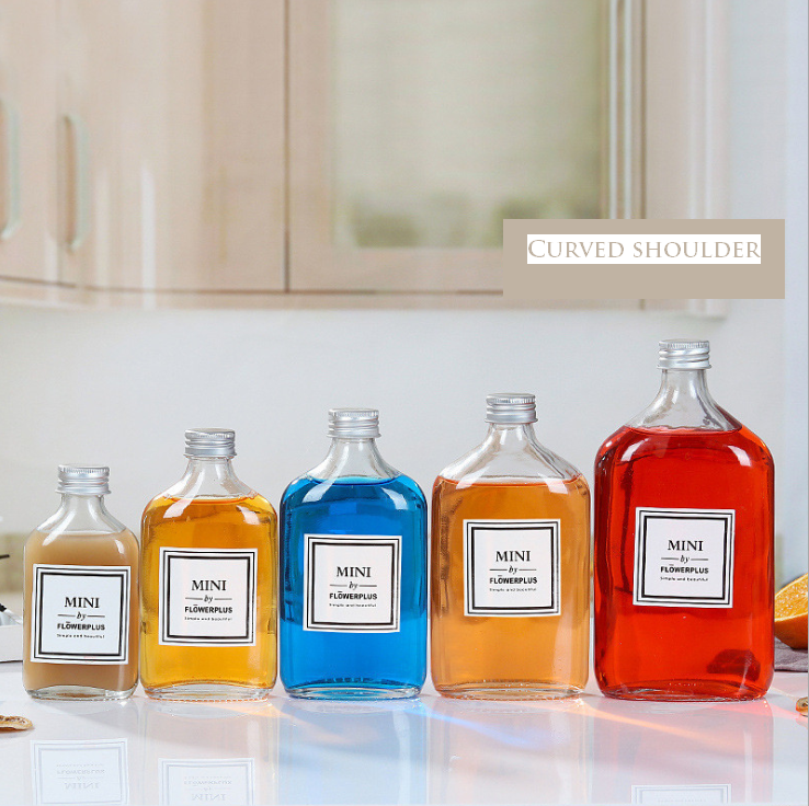 50ml 100ml 250ml 250ml 500ml Glass Flat Flask Shape Beverage Bottle with Aluminum Cap