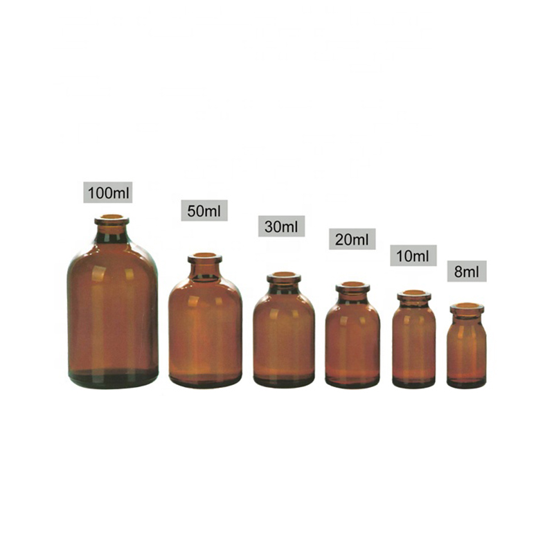50ml, 100ml Amber Borosilicate Injectable pharmaceutical Tubular glass bottle With Rubber Stopper And Aluminum Caps