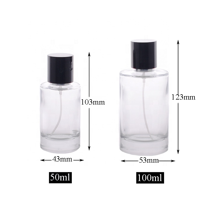 50ml 100ml Empty high quality cylinder transparent OEM glass perfume bottle with gift box pump spraye