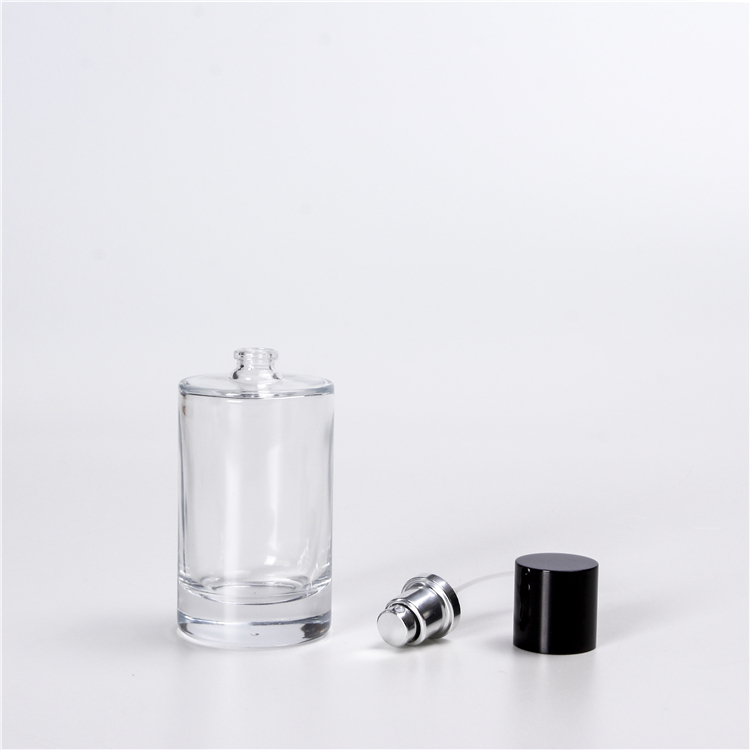 50ml 100ml Flat Shoulder Round Straight Glass Bottle With Aluminium Pump For Perfume Lotion