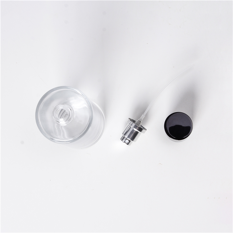 50ml 100ml Flat Shoulder Round Straight Glass Bottle With Aluminium Pump For Perfume Lotion