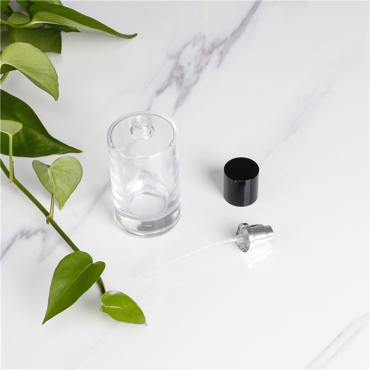 50ml 100ml Flat Shoulder Round Straight Glass Bottle With Aluminium Pump For Perfume Lotion