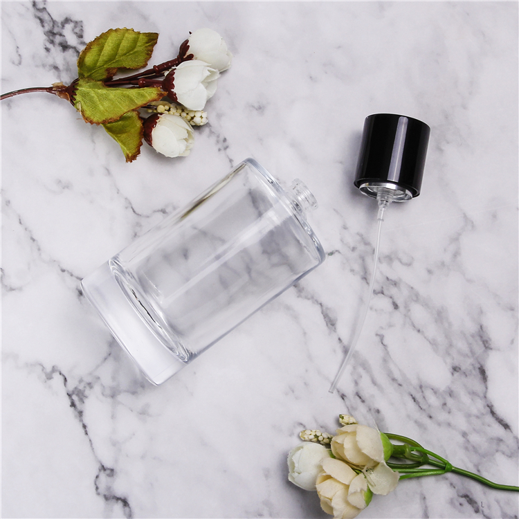 50ml 100ml Flat Shoulder Round Straight Glass Bottle With Aluminium Pump For Perfume Lotion