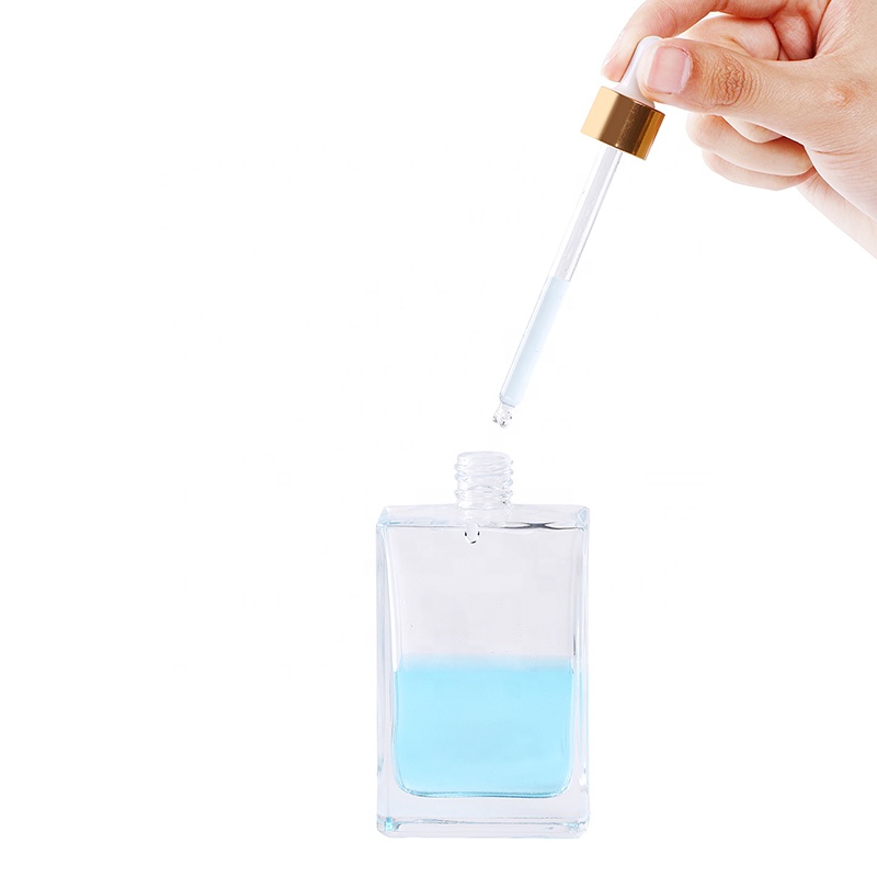 50ml 100ml Flat square Rectangle Luxury Glass Dropper Bottles with shiny gold collar for Serum Essential oil