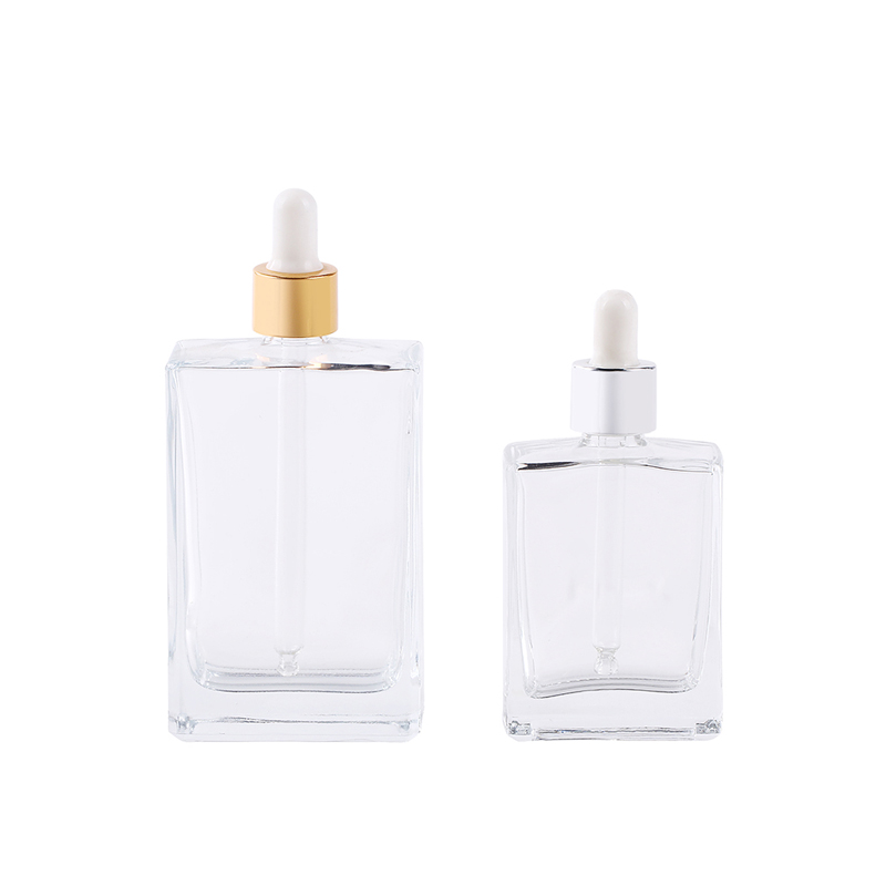 50ml 100ml Flat square Rectangle Luxury Glass Dropper Bottles with shiny gold collar for Serum Essential oil