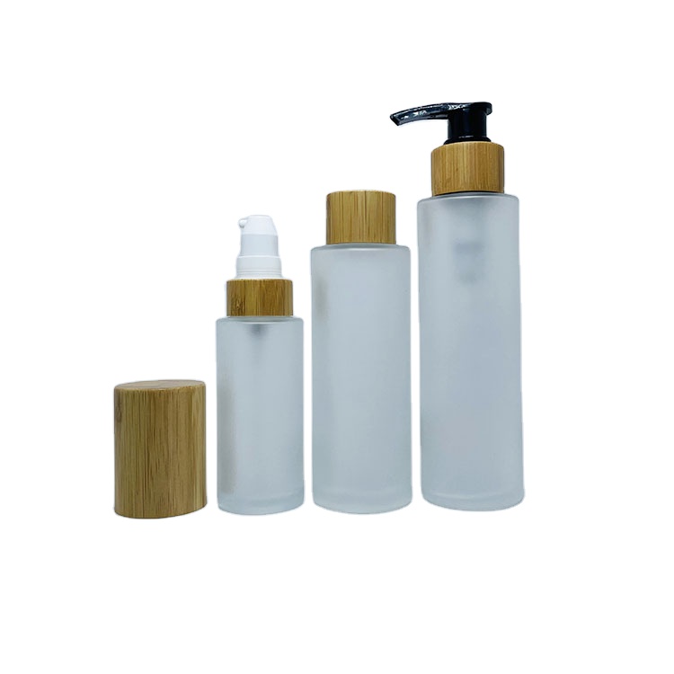 50ml 100ml Frosted glass cosmetic bottle with bamboo pump spray caps container