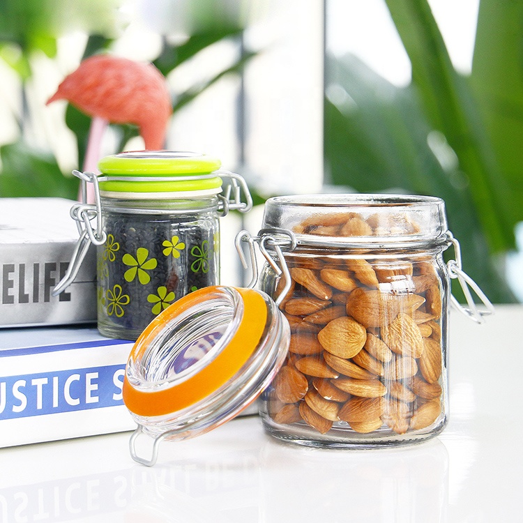 50ml 100ml Kitchen Food Storage Glass Jars with Stainless Steel Clip Glass Cap