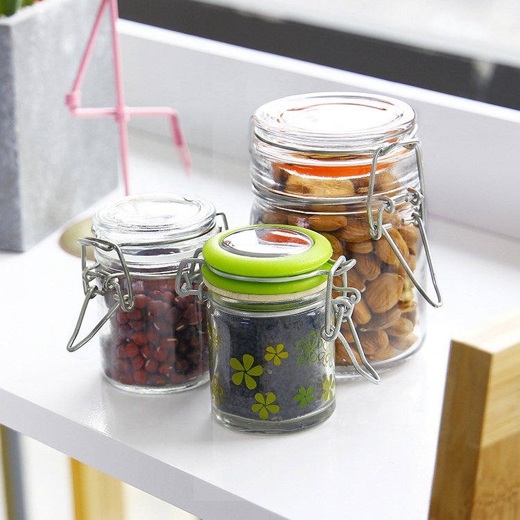 50ml 100ml Kitchen Food Storage Glass Jars with Stainless Steel Clip Glass Cap