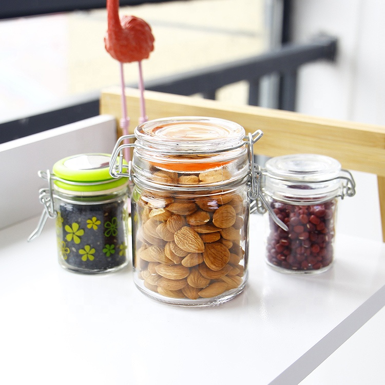 50ml 100ml Kitchen Food Storage Glass Jars with Stainless Steel Clip Glass Cap