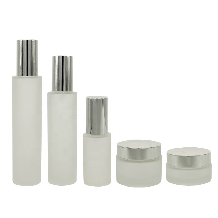 50ml 100ml White frosted glass spray cosmetic glass bottle jar with silver lid