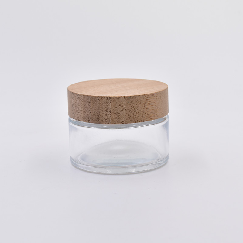 50ml 100ml clear round cosmetic jar face cream straight side glass jar with screw top bamboo lid