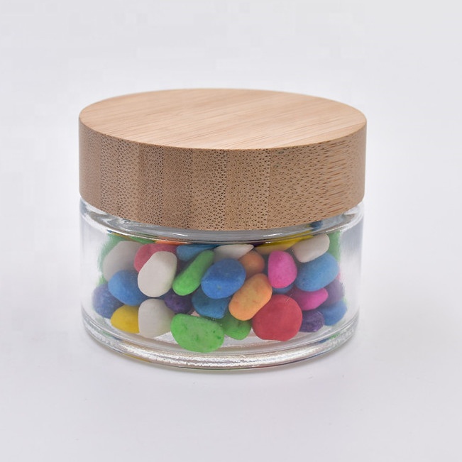 50ml 100ml clear round cosmetic jar face cream straight side glass jar with screw top bamboo lid