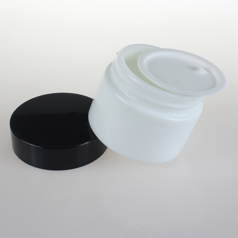 50ml 100ml opal white glass cosmetic ceramic packaging, cream jar with white black lids