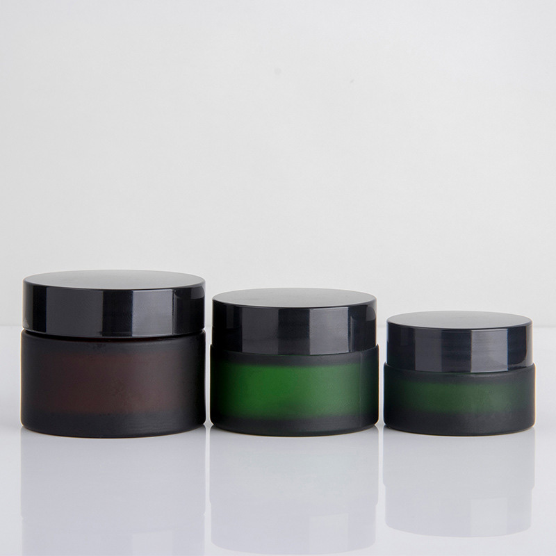 50ml 30ml 1 oz cosmetic cream round frosted amber black glass jar with black sliver aluminum screw top lid