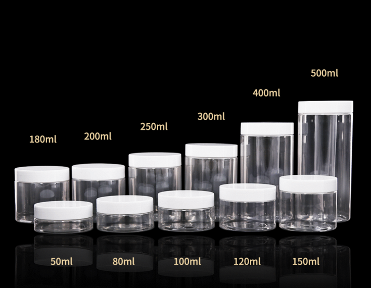 50ml- 500ml PET Transparent Empty Cosmetic Cream Lotion Jar with White Black Aluminum Lids
