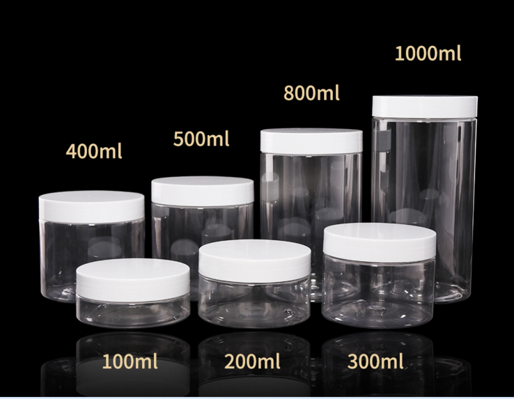 50ml- 500ml PET Transparent Empty Cosmetic Cream Lotion Jar with White Black Aluminum Lids
