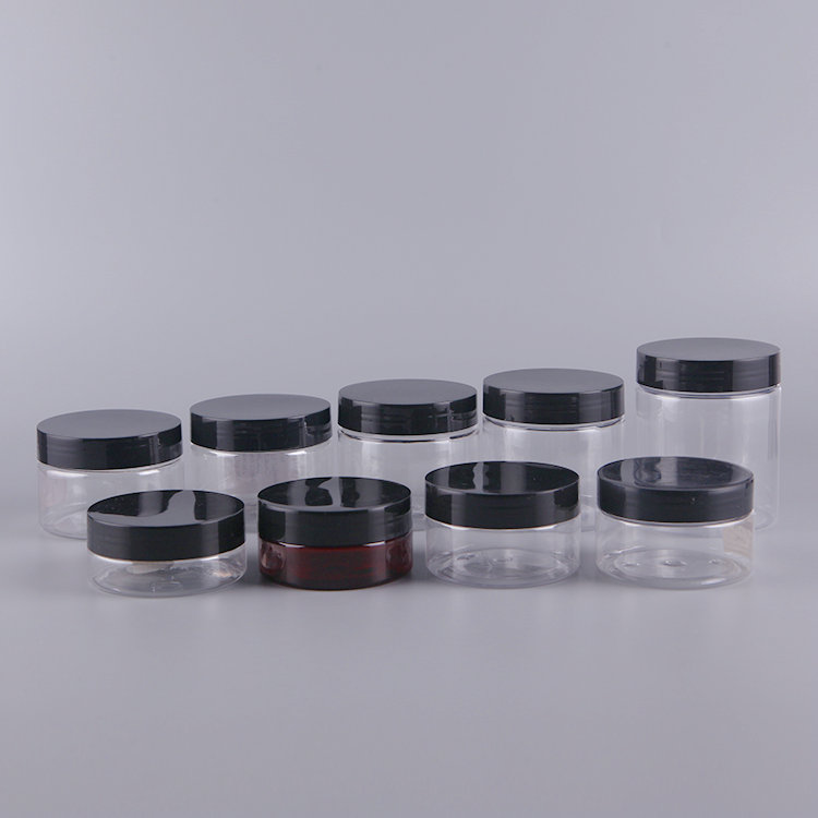 50ml-500ml Transparent OEM Cosmetic Packaging Black Screw Cap Clear Plastic Jar