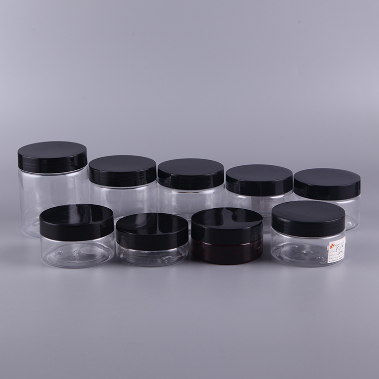 50ml-500ml Transparent OEM Cosmetic Packaging Black Screw Cap Clear Plastic Jar