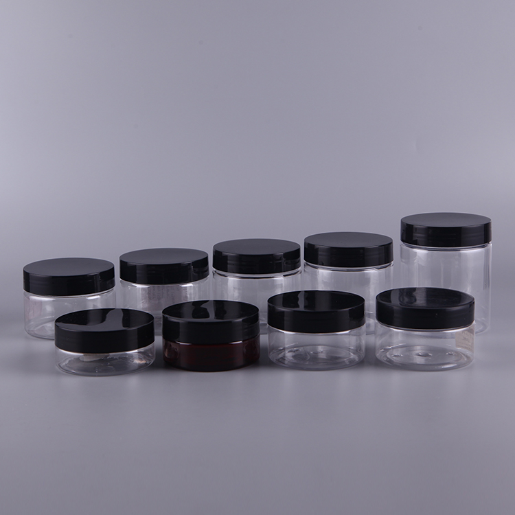 50ml-500ml Transparent OEM Cosmetic Packaging Black Screw Cap Clear Plastic Jar