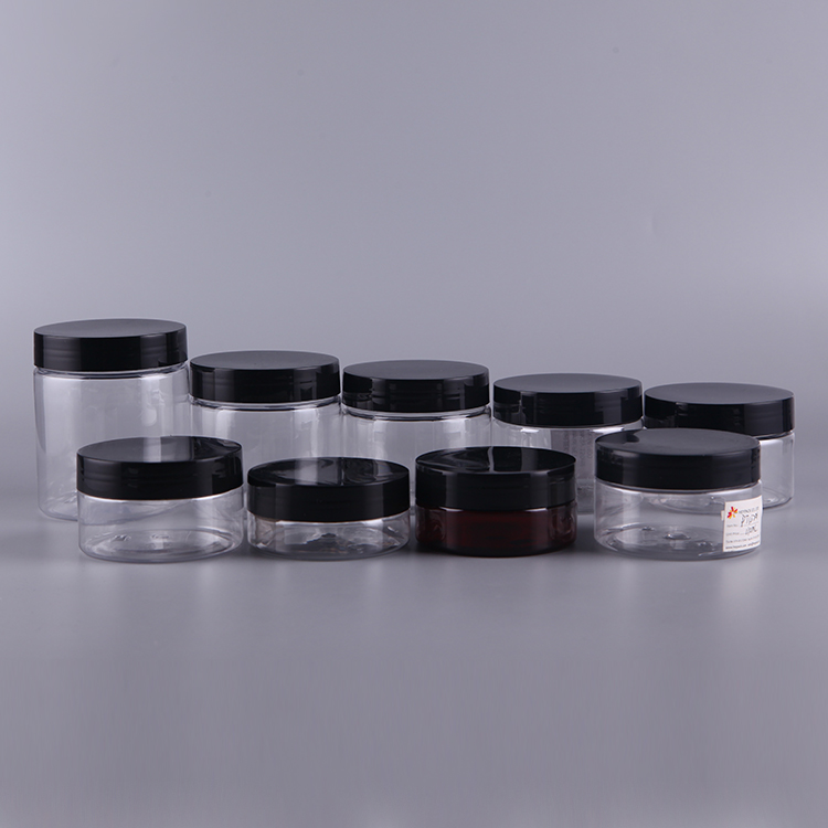 50ml-500ml Transparent OEM Cosmetic Packaging Black Screw Cap Clear Plastic Jar