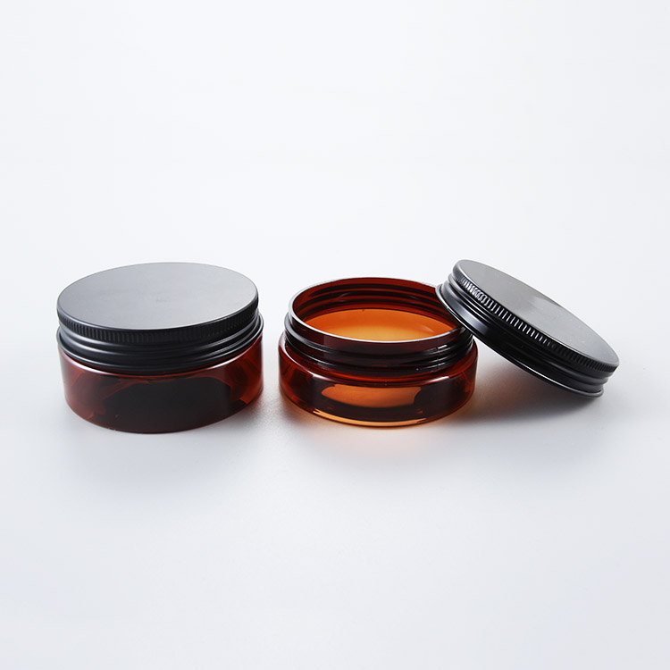 50ml 60ml 100ml Amber round pet plastic cosmetic jar with Black Aluminium Lid