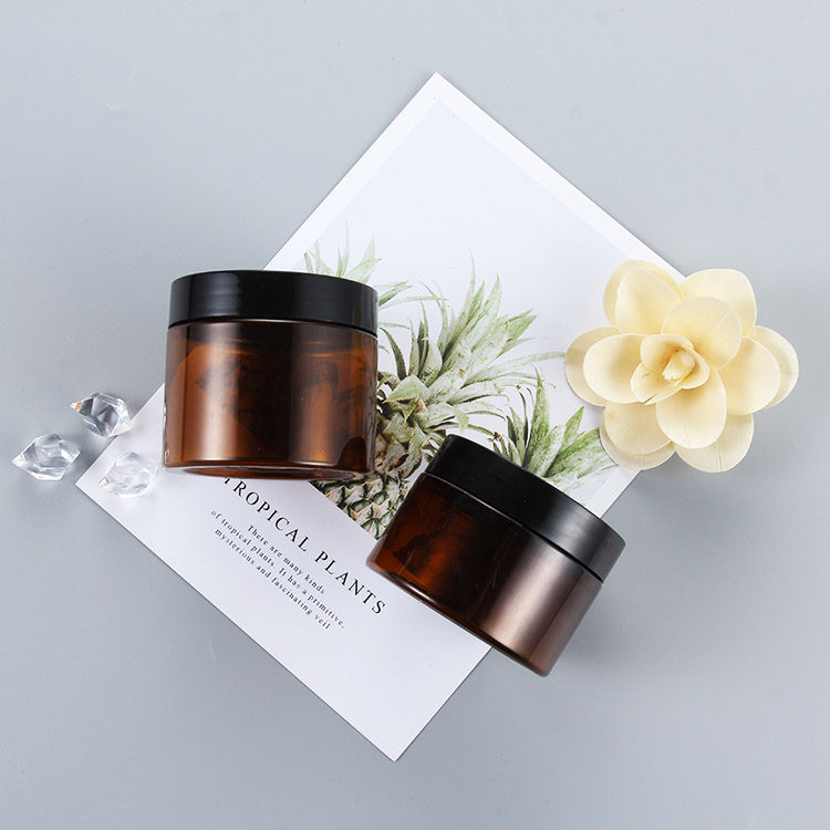 50ml 60ml 100ml Amber round pet plastic cosmetic jar with Black Aluminium Lid