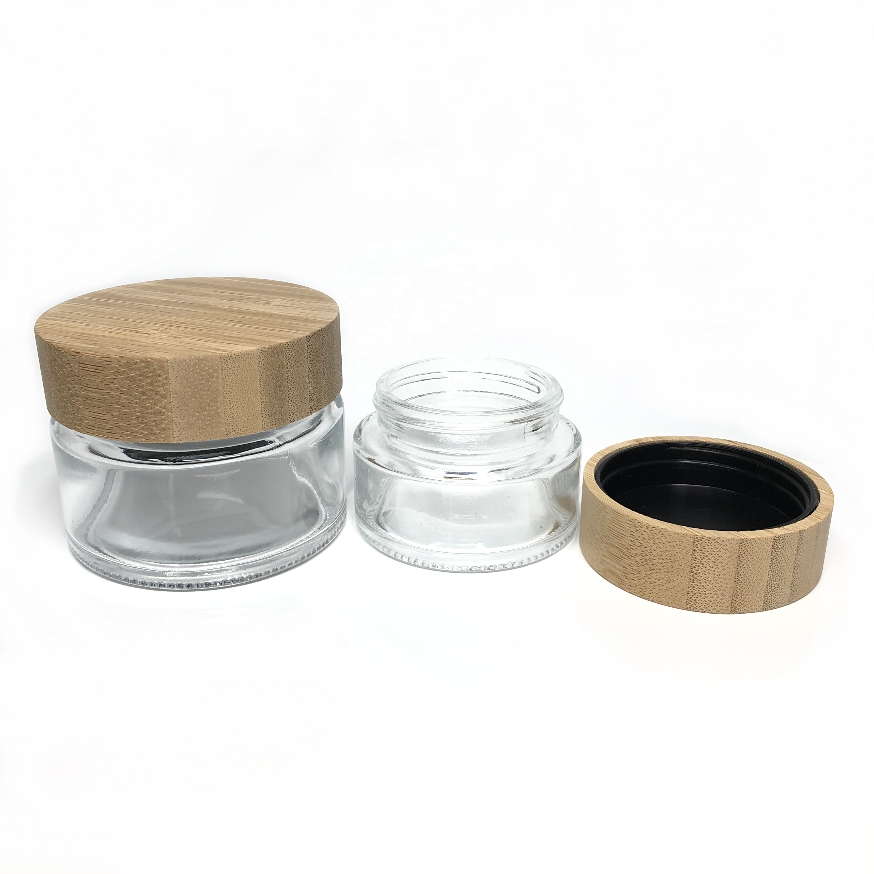 50ml 60ml 50g 2oz round shape straight sided glass jar with bamboo wooden lid for cream cosmetic packing