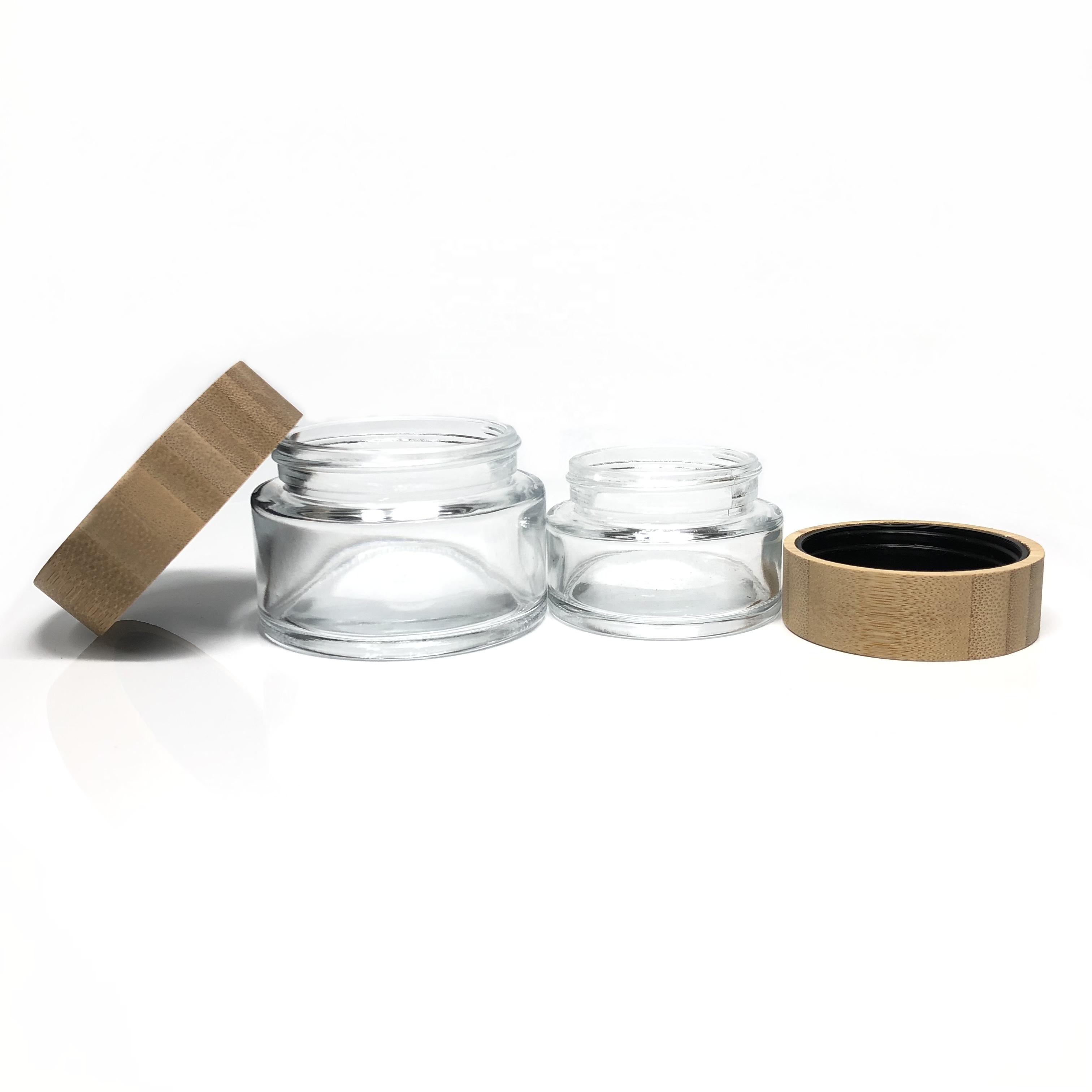 50ml 60ml 50g 2oz round shape straight sided glass jar with bamboo wooden lid for cream cosmetic packing