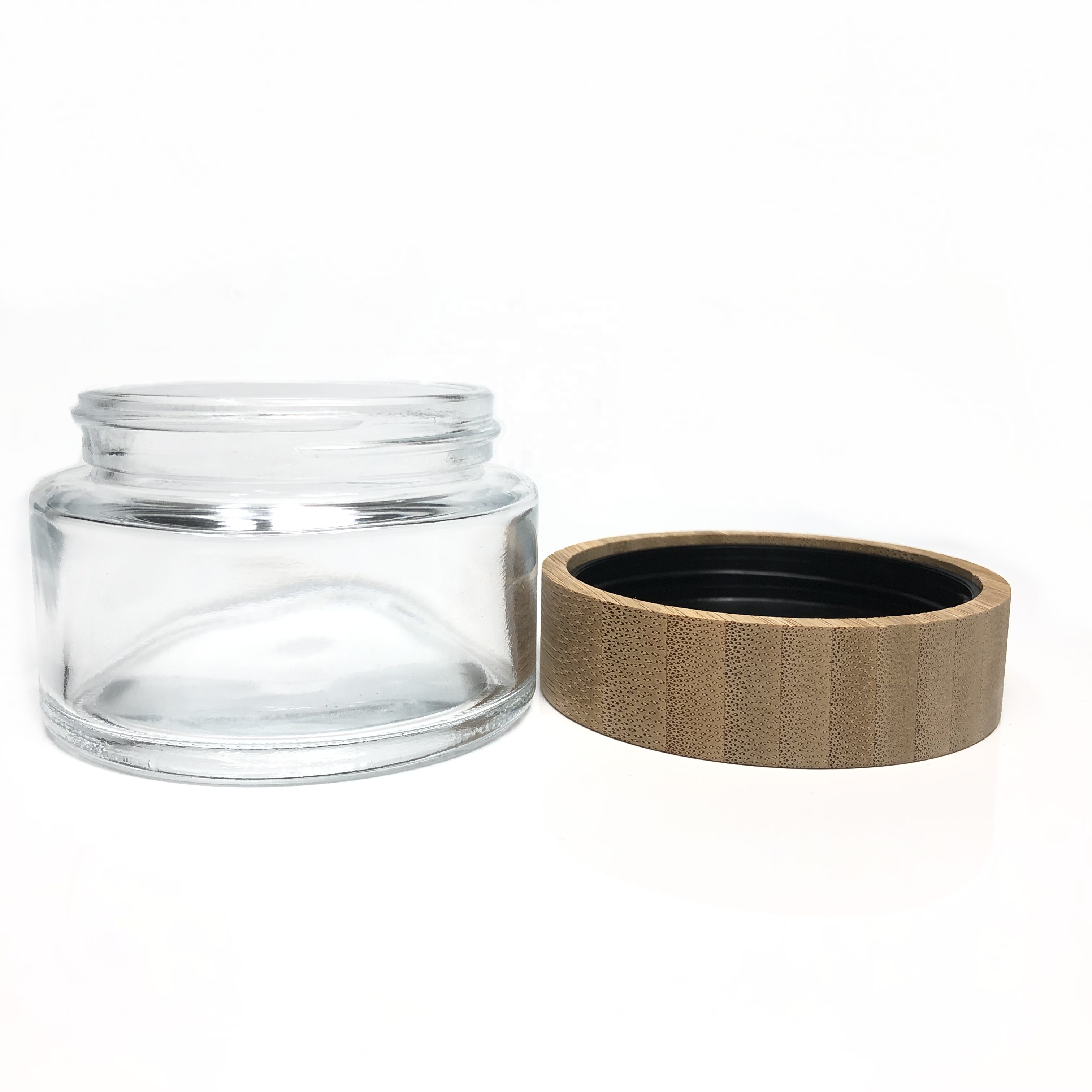50ml 60ml 50g 2oz round shape straight sided glass jar with bamboo wooden lid for cream cosmetic packing