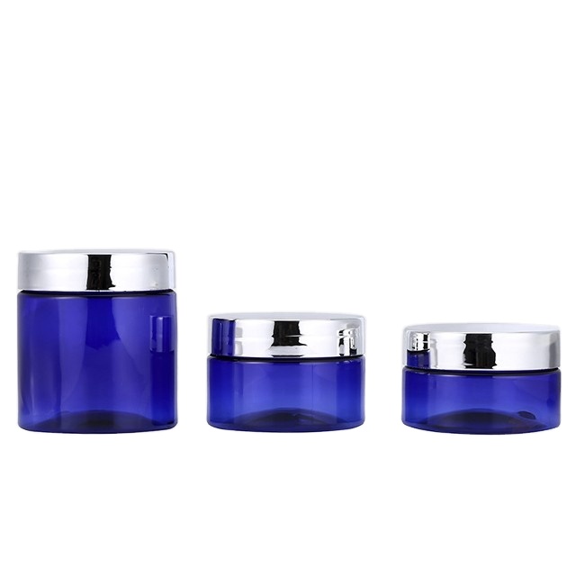 50ml 60ml 80ml 100ml Wholesale Blue Plastic Airless Facial Cream Jar with Electroplating Plastic Lid