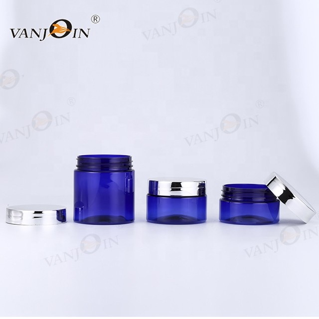 50ml 60ml 80ml 100ml Wholesale Blue Plastic Airless Facial Cream Jar with Electroplating Plastic Lid