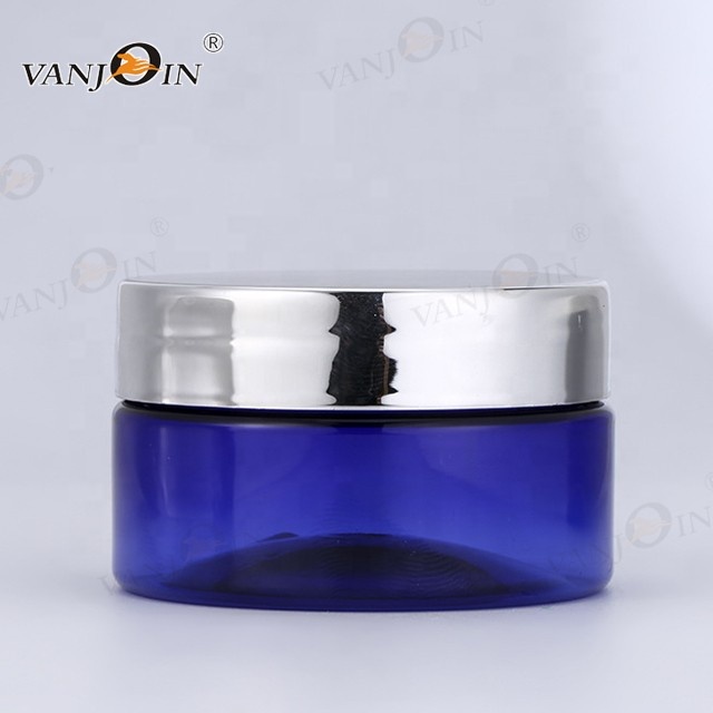 50ml 60ml 80ml 100ml Wholesale Blue Plastic Airless Facial Cream Jar with Electroplating Plastic Lid