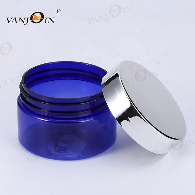 50ml 60ml 80ml 100ml Wholesale Blue Plastic Airless Facial Cream Jar with Electroplating Plastic Lid