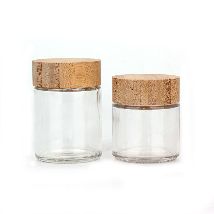 50ml 60ml 90ml 110ml Round Bamboo Lid Clear Frosted Empty Lotion Container Cosmetic Cream Glass Jars for Skincare Products