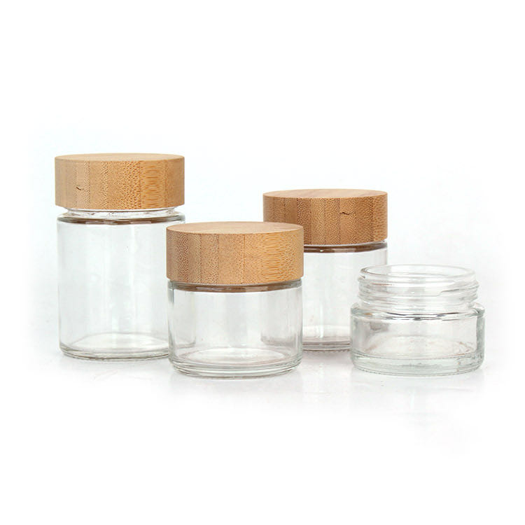 50ml 60ml 90ml 110ml Round Bamboo Lid Clear Frosted Empty Lotion Container Cosmetic Cream Glass Jars for Skincare Products