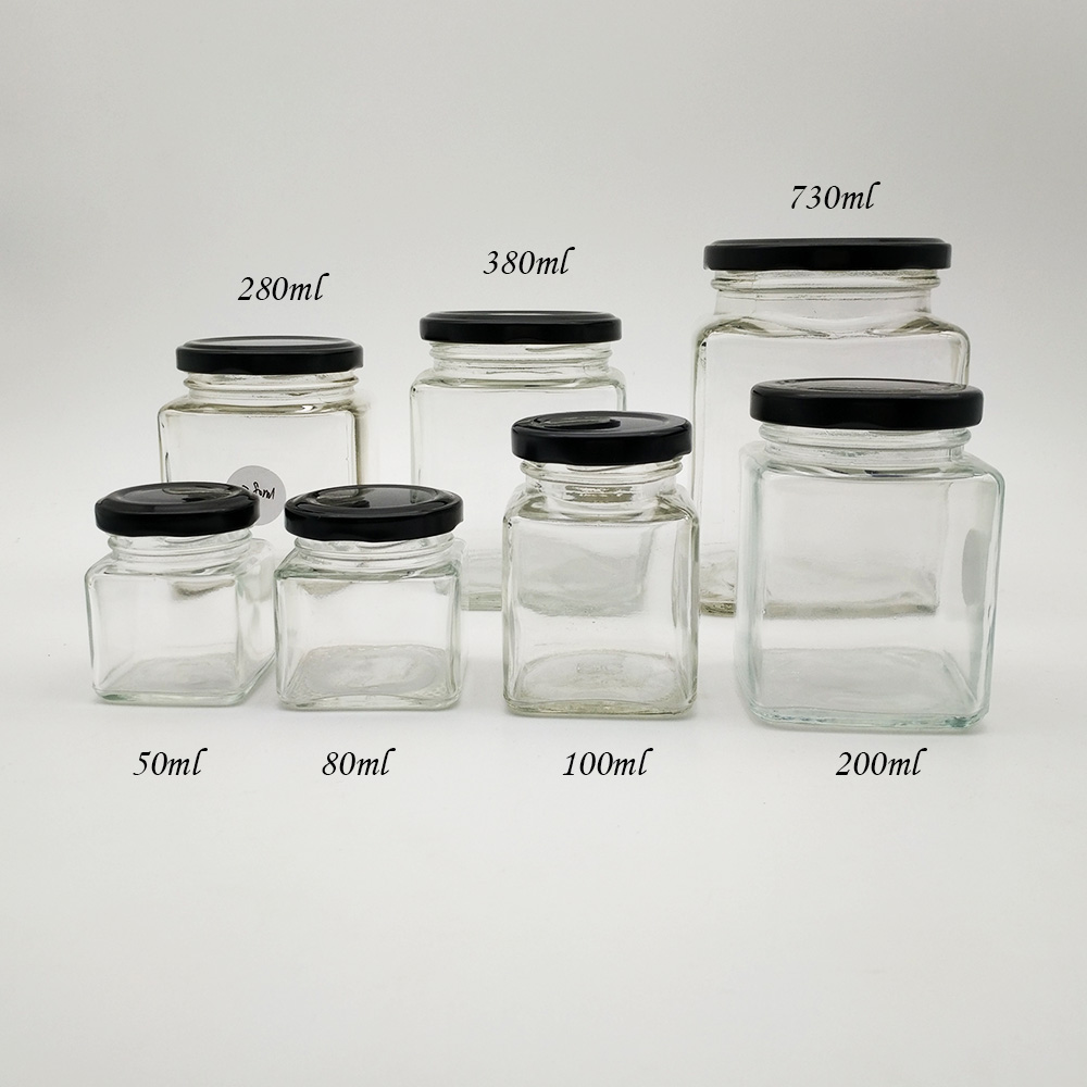 50ml-730ml empty clear square glass jar for jam sauce honey with metal lids