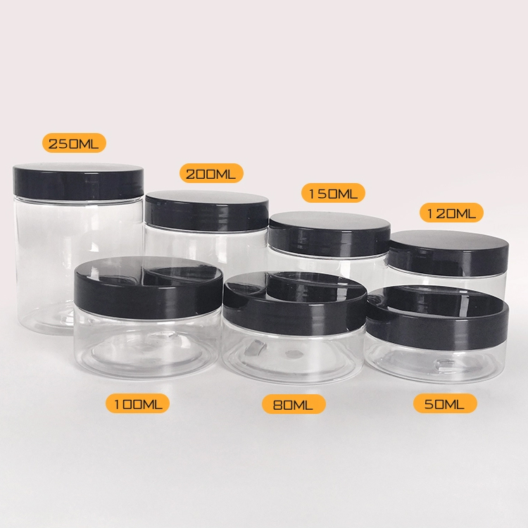50ml 80ml 100ml 120ml 150ml 200ml 250ml Cosmetic Packaging clear container and Colorful covers gold  Plastic pet Jar