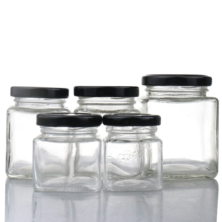 50ml 80ml 100ml 130ml 200ml 280ml 380ml 650ml Square Empty Honey Jar Glass with Black Metal Lid