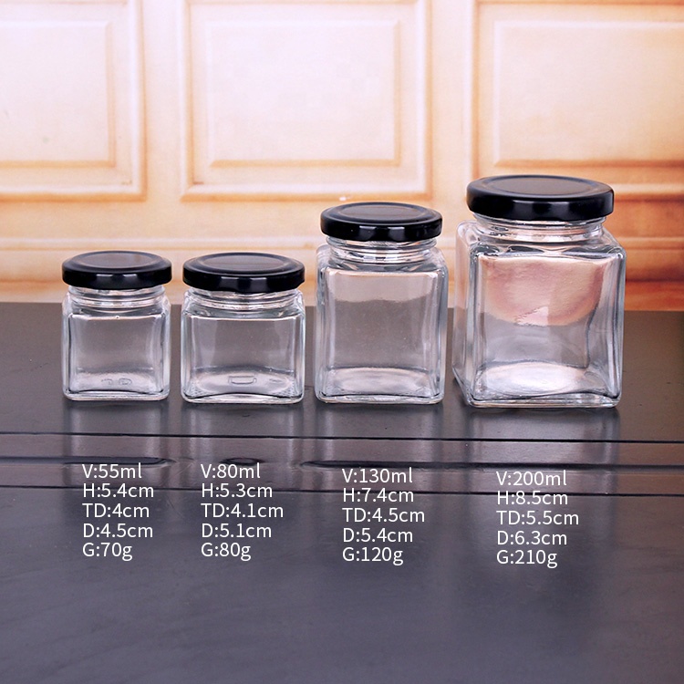 50ml 80ml 100ml 200ml square glass honey jar cheap jam jars with metal lids