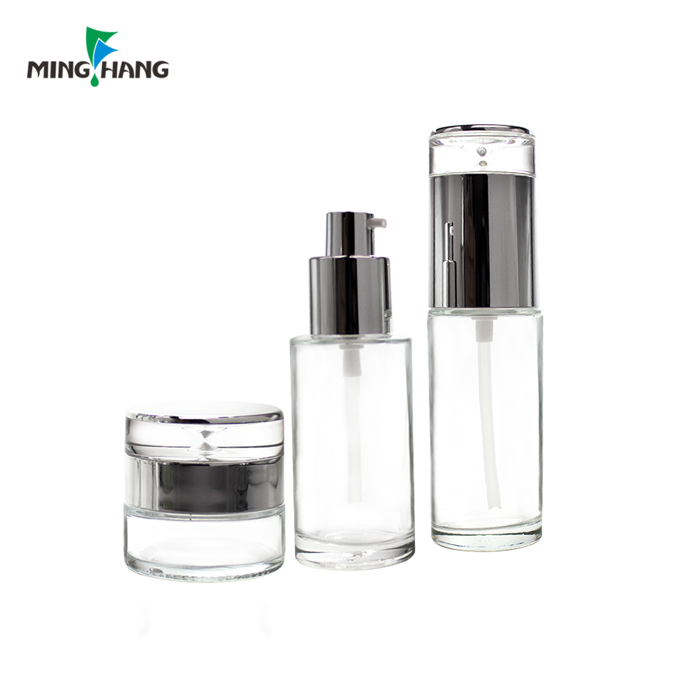 50ml 80ml 100ml Empty Clear Cosmetic Set Glass Lotion Bottle With Pump