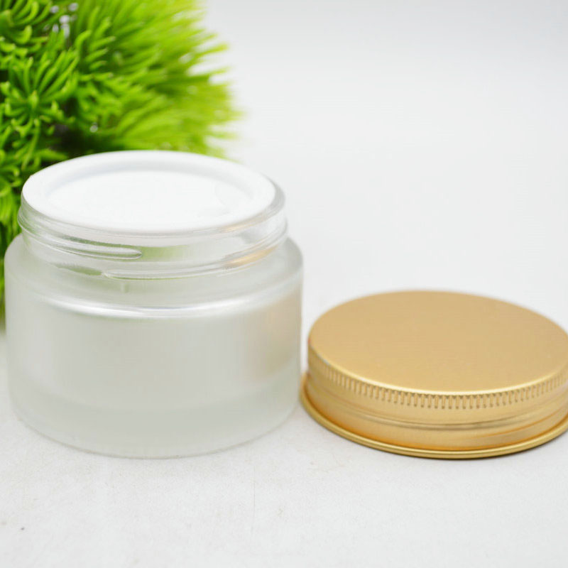 50ml Clear Frosted Skin Cream Jar Glass  Cosmetic Cream Jar with Plastic Inner and gold lid