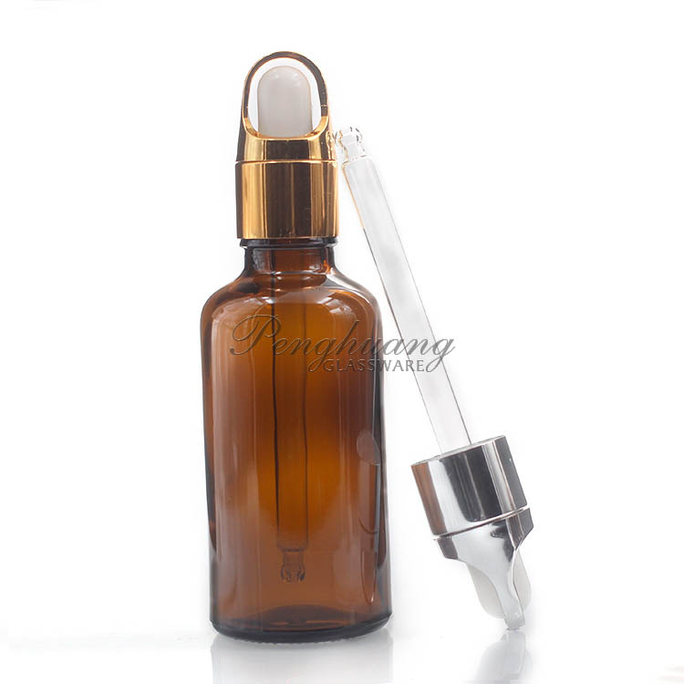 50ml Essential Oil Packaging with metal dropper amber blue green clear glass bottle